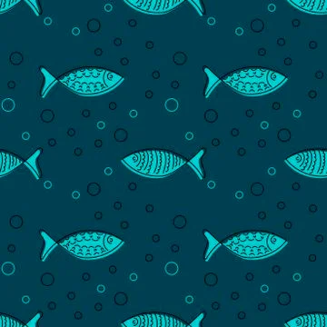 Seamless pattern with hand drawn fishes, doodle style. Silhouettes and contou Stock Illustration