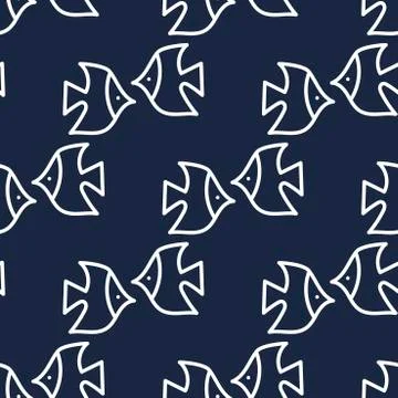 Seamless pattern with hand drawn fishes, doodle style. Vector illustration on Stock Illustration