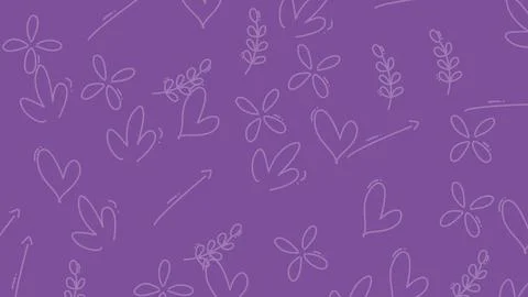 Seamless Pattern of Hand-Drawn Floral Elements and Hearts on a Purple Backg.. 스톡 일러스트