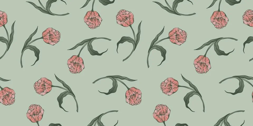 Seamless pattern with hand drawn flower of tulips. Stock Illustration