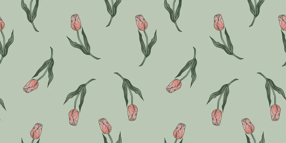 Seamless pattern with hand drawn flower of tulips. Stock Illustration