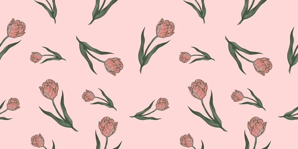 Seamless pattern with hand drawn flower of tulips. Stock Illustration