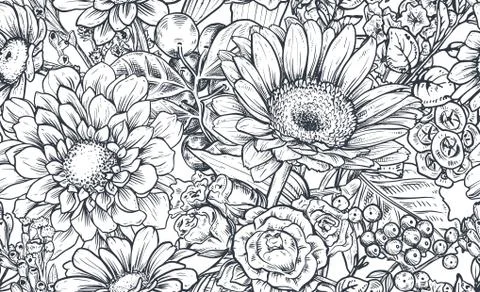 Seamless pattern with hand drawn flowers and plants Stock Illustration