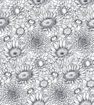 Seamless pattern with hand drawn flowers and plants Stock Illustration