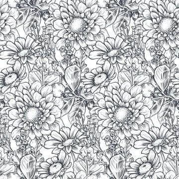 Seamless pattern with hand drawn flowers and plants Stock Illustration
