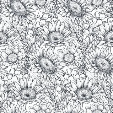 Seamless pattern with hand drawn flowers and plants Stock Illustration