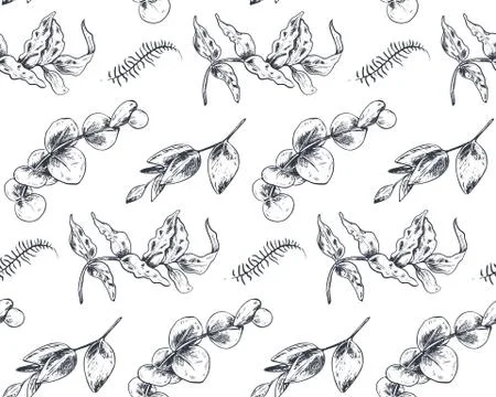 Seamless pattern with hand drawn flowers and plants in sketch style. Stock Illustration