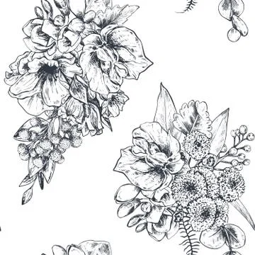 Seamless pattern with hand drawn flowers and plants in sketch style. Stock Illustration