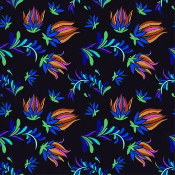 Seamless pattern with hand drawn flowers and floral elements. Stock Illustration