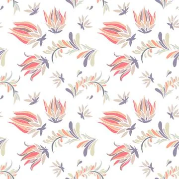 Seamless pattern with hand drawn flowers and floral elements. Stock Illustration