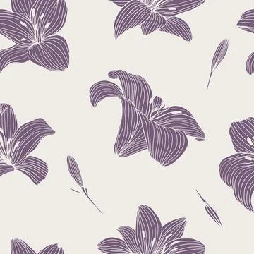 Seamless pattern with hand drawn flowers lily. Engraving for wedding invitati Stock Illustration