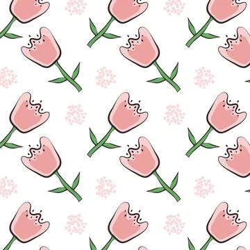 Seamless pattern with hand drawn flowers in childlike flat style. Cute floral Stock Illustration