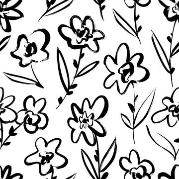 Seamless pattern with hand drawn flowers stems. Stock Illustration