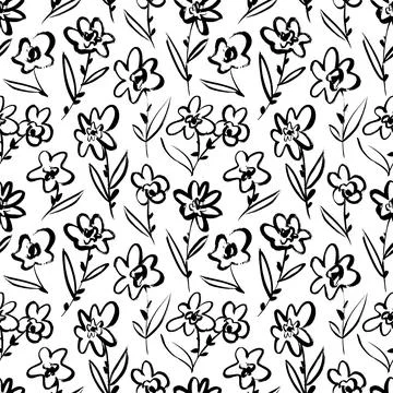 Seamless pattern with hand drawn flowers stems. Stock Illustration