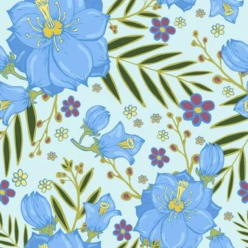 Seamless pattern with hand drawn flowers and leaves. Colorful exotic floral.. Stock Illustration