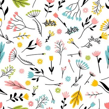 Seamless pattern with hand drawn flowers. Floral background. Trendy texture.. Stock Illustration