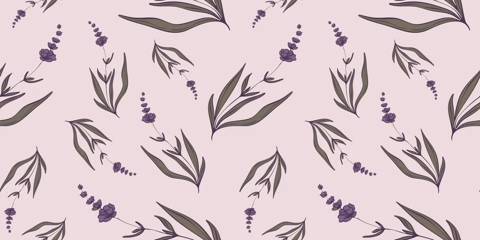 Seamless pattern with hand drawn flowers of lavender. Stock Illustration