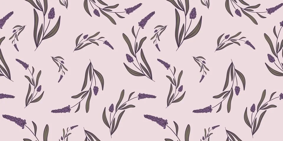 Seamless pattern with hand drawn flowers of lavender. Stock Illustration