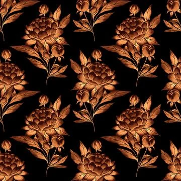 Seamless pattern with hand drawn flowers on black background. Stock Illustration