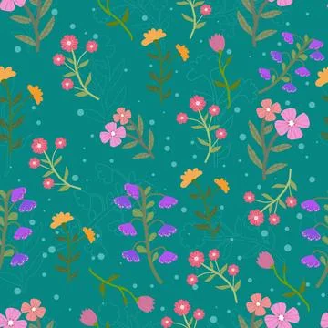 Seamless pattern of hand drawn flowers on a green background Stock Illustration