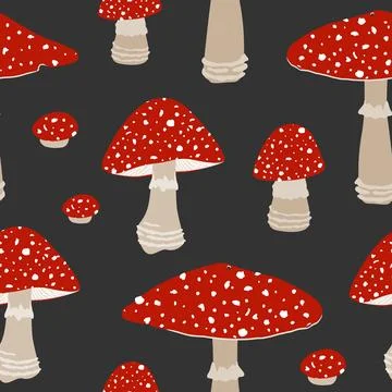 Seamless Pattern with Hand Drawn Fly Agaric Mushrooms on a Dark Background... Stock Illustration