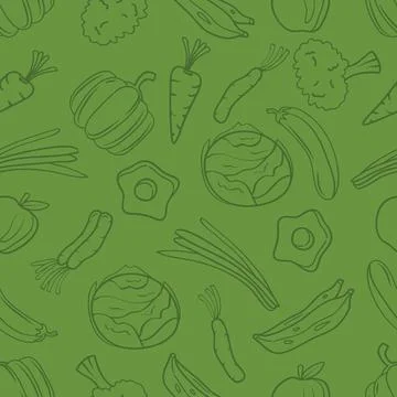 Seamless pattern hand drawn foods and vegetables on green background. Vecto.. Stock Illustration