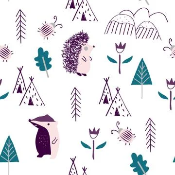 Seamless pattern with hand drawn forest animals beaver, hedgehog. Stock Illustration