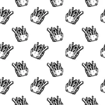 Seamless pattern hand drawn French fries. Doodle black sketch. Sign symbol. D 스톡 일러스트