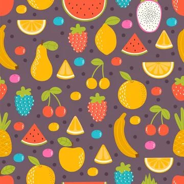 Seamless pattern with hand drawn fruit. Summer tropical healthy food. Textu.. Stock Illustration