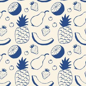 Seamless pattern with hand-drawn fruit sketches in navy on light beige Illustrazione stock