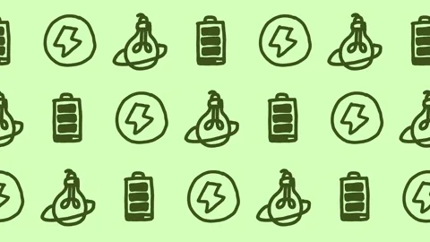 Seamless pattern of hand-drawn fully charged batteries, lightning bolts, and eco Stock Footage 336518351