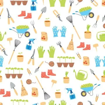 Seamless pattern with hand drawn gardening tools, agriculture equipment Stock Illustration