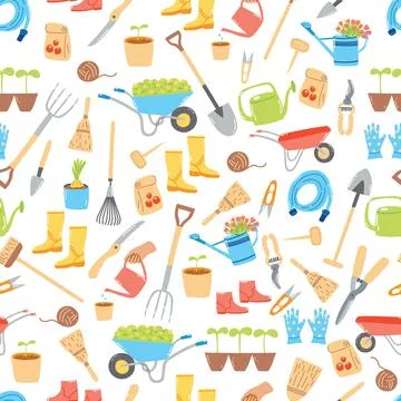 Seamless pattern with hand drawn gardening tools, agriculture equipment Illustrazione stock