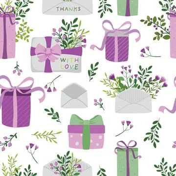 Seamless pattern with hand drawn gift box, envelope and flower bouquet. Stock Illustration