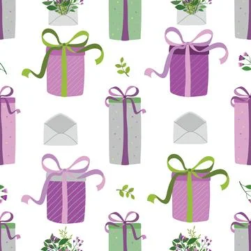 Seamless pattern with hand drawn gift box, envelope and flower bouquet. Stock Illustration