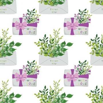 Seamless pattern with hand drawn gift box, envelope and flower bouquet. Stock Illustration
