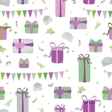 Seamless pattern with hand drawn gift box, envelope and flower bouquet. Stock Illustration