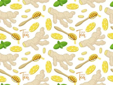 Seamless pattern with hand drawn ginger root, lemon slice, honey, mint leaf Stock Illustration