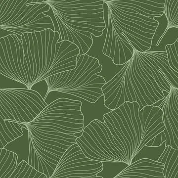 Seamless pattern hand- drawn gingko leaf on green background.Vector illustr.. Stock Illustration