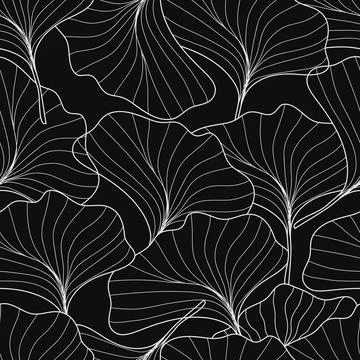 Seamless pattern hand - drawn gingko line art isolated on black background... Stock Illustration