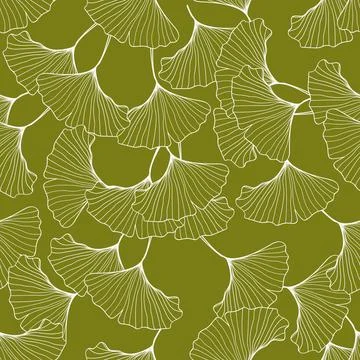 Seamless pattern hand- drawn gingko leaf on green background. Stockillustratie