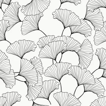 Seamless pattern hand- drawn gingko leaf on gray background.Vector illustrati Illustrazione stock