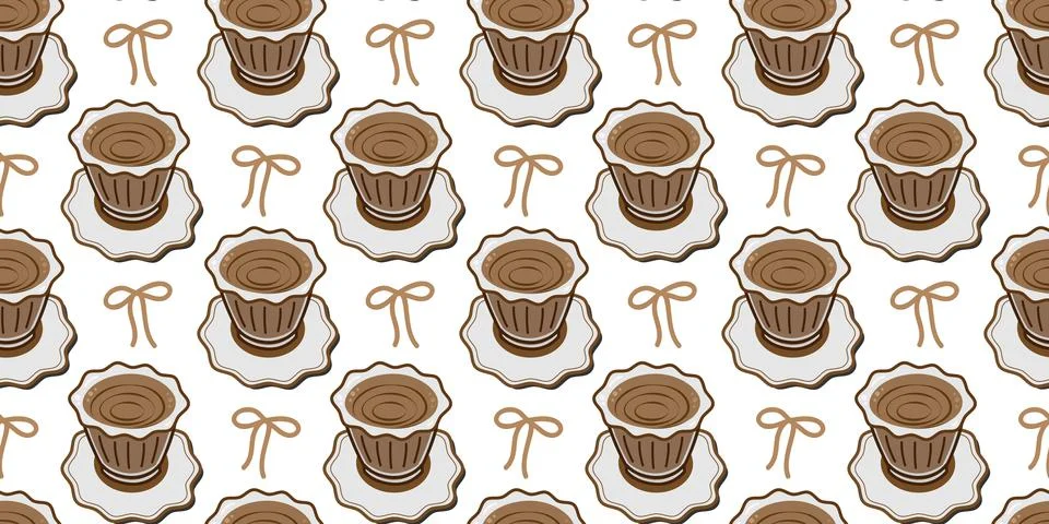 Seamless Pattern of Hand drawn glass coffee cup and bowknot Minimalistic flat Illustrazione stock