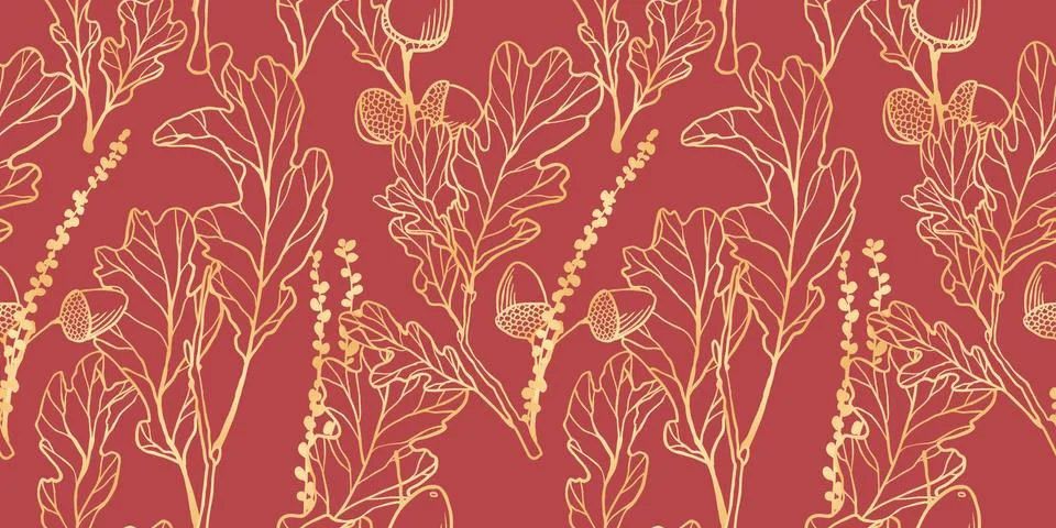 Seamless pattern, hand drawn golden oak leaves ,acorns and oak flower on red Stock Illustration