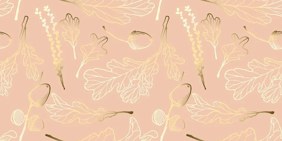 Seamless pattern, hand drawn golden oak leaves ,acorns and oak flower on pink Stock Illustration