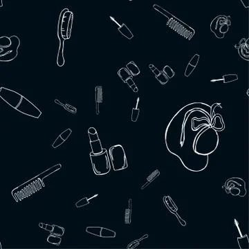 Seamless pattern of hand drawn graphic contour tools of various beauty salon. Stock Illustration