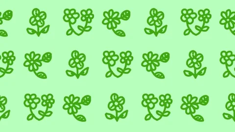 Seamless pattern of hand-drawn green outline flowers and blooming stems Stock Footage 336518350