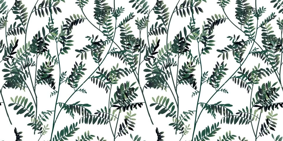 Seamless pattern, hand drawn green leaves, floral garden on white background Stock Illustration