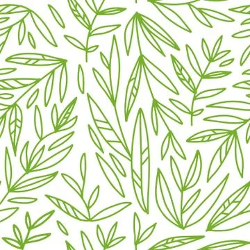 Seamless pattern with hand drawn green branches lines on a white background.  Stock Illustration