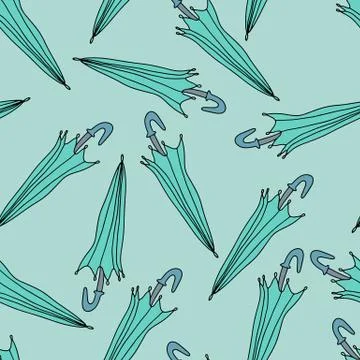Seamless pattern with hand drawn green umbrellas on green background. Childis Illustrazione stock